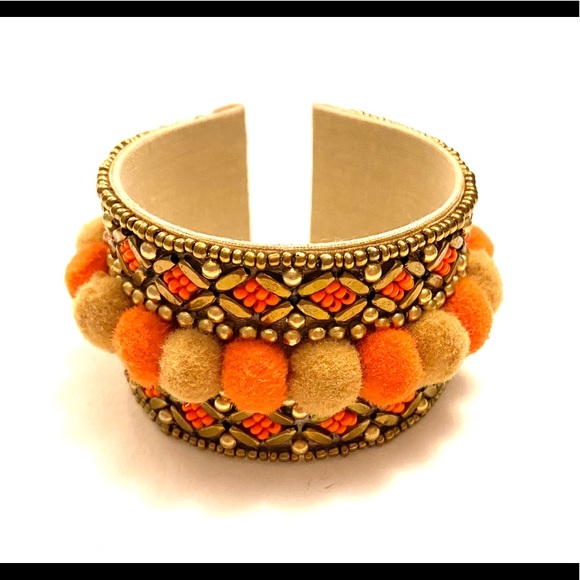 Jewelry - Orange Gold Pom Pom Bracelet boho Jewelry - Orange Gold Pom Pom Bracelet boho